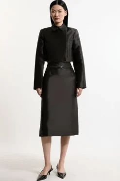 The Founder Satin Twill Belted Tailored Midi Skirt