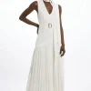 Tie Neck Ponte And Georgette Jersey Pleated Maxi Dress