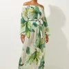 Tropical Palm Print Beach Off The Shoulder Maxi Dress