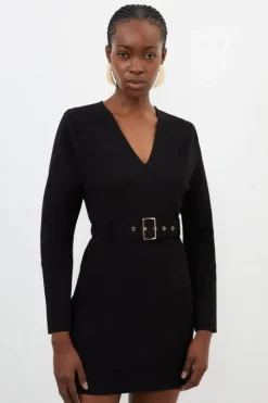 V Neck Belted Ponte Jersey Mini Dress