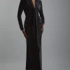 Velvet Long Sleeve Wrap V Neck Maxi Dress