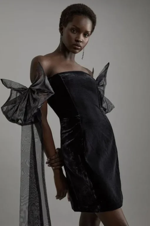 Velvet Off The Shoulder Woven Mini Dress With Taffeta Sleeve Detail