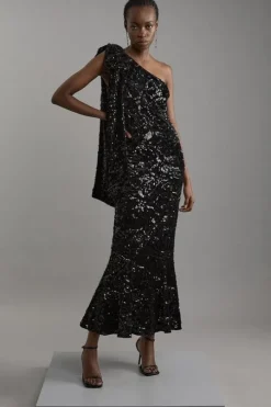 Velvet Sequin One Shoulder Woven Maxi Dress