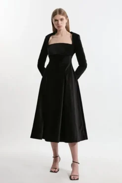 Velvet Tailored Pleat Full Skirted Midaxi Dress