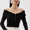 Viscose Blend Front Zip Off The Shoulder Longline Sweater