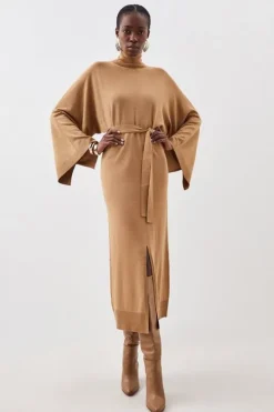Viscose Blend Funnel Neck Belted Knitted Midi Dress