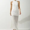 Viscose Blend Knit Halter Neck Sheer Skirt Maxi Dress