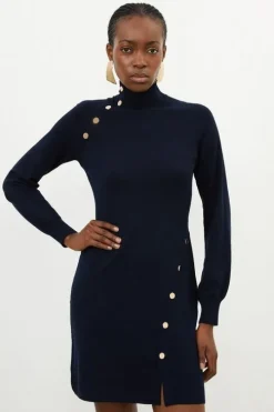 Viscose Blend Popper Detail Knitted Mini Dress