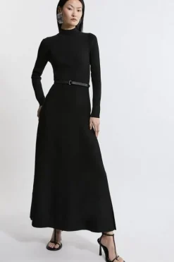 Viscose Blend Rib Knit Belted Midi Dress