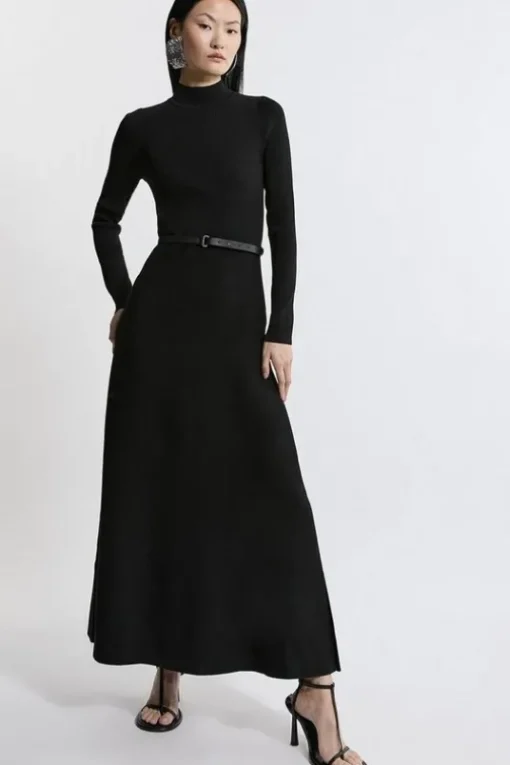 Viscose Blend Rib Knit Belted Midi Dress