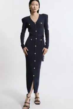 Viscose Blend Rib Military Detail Knit Midaxi Dress