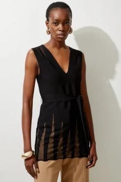 Viscose Blend Sheer Detail Belted Knit Tunic