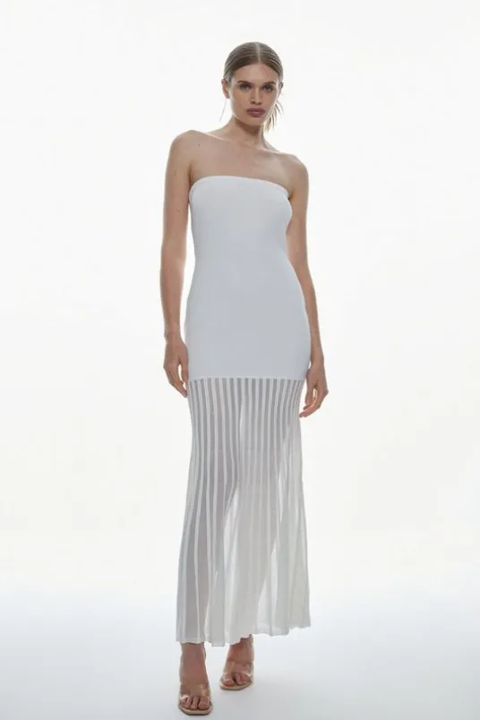 Viscose Blend Sheer Knit Bandeau Pleated Skirt Midaxi Dress