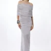 Viscose Blend Slinky Sheer Knit Off The Shoulder Maxi Dress