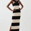 Viscose Blend Striped Cross Front Knit Midi Dress