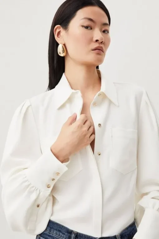 Viscose Crepe Statement Sleeve Collared Blouse