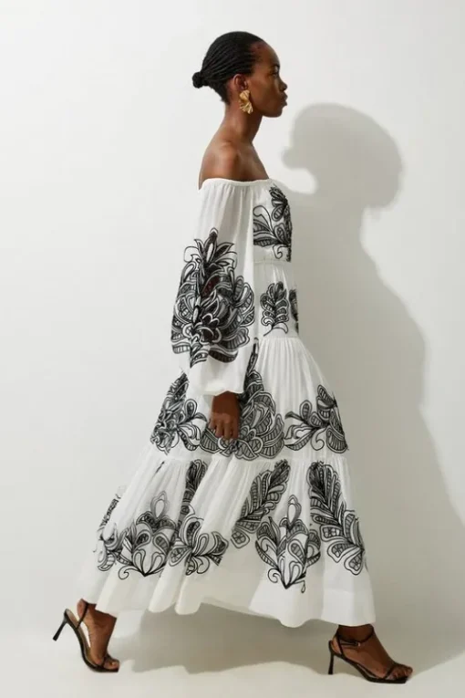Viscose Georgette Placed Cutwork Off The Shoulder Woven Maxi Dress
