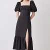 Viscose Linen Woven Puff Sleeve Midi Dress