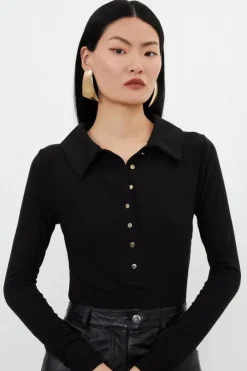 Viscose Rib Jersey Long Sleeve Collared Top
