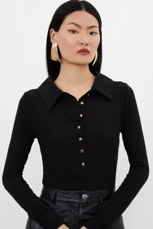Viscose Rib Jersey Long Sleeve Collared Top