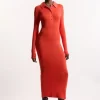 Viscose Rib Jersey Long Sleeve Collared Midi Dress