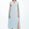 Viscose Satin Back Crepe Tailored V Neck Maxi Cape Dress