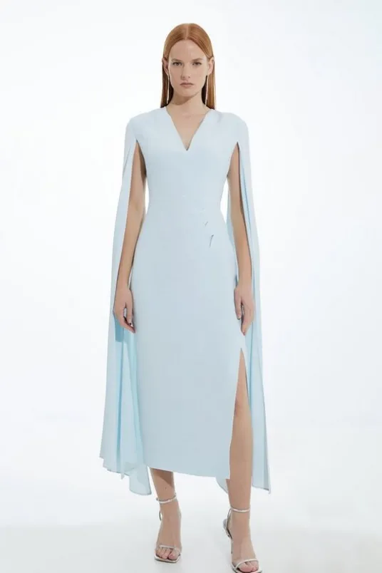 Viscose Satin Back Crepe Tailored V Neck Maxi Cape Dress