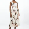 Viscose Satin Back Crepe Peony Tailored Square Neck Full Skirted Midi Dress