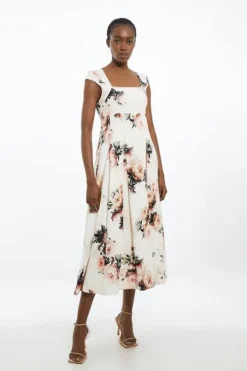 Viscose Satin Back Crepe Peony Tailored Square Neck Full Skirted Midi Dress
