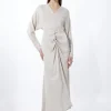 Viscose Satin Batwing Long Sleeve Midi Dress