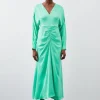 Viscose Satin Batwing Long Sleeve Midi Dress