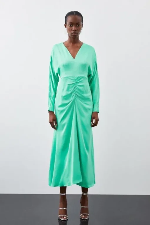 Viscose Satin Batwing Long Sleeve Midi Dress