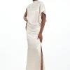 Viscose Satin Pintuck Draped Detail Woven Maxi Dress