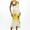 Viscose Satin Tie Dye Floral Halter Midi Dress
