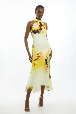 Viscose Satin Tie Dye Floral Halter Midi Dress