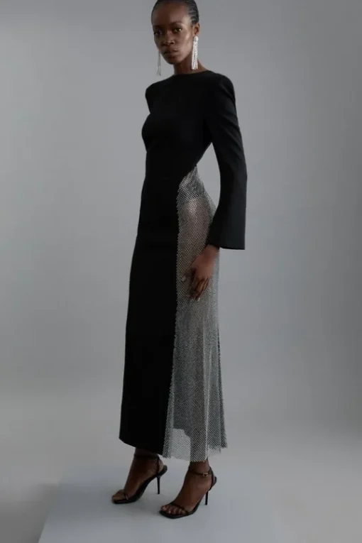 Viscose Woven Panelled Crystal Mesh Maxi Dress