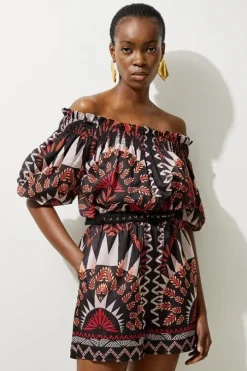 Voile Mirrored Batik Off The Shoulder Woven Romper