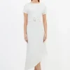 Waterfall Hem Belted Short Sleeve Ponte Jersey Midi Dress