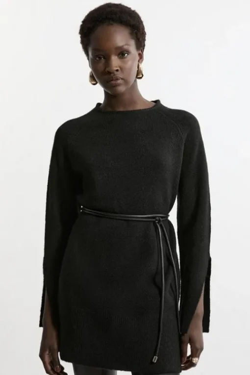 Wool Blend Cosy Tunic With Pu Belt Trim