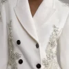 Wool Blend Crystal Embellished Double Breasted Tailored Maxi Coat