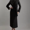 Wool Blend Crystal Embellished Notch Neck Belted Maxi Coat