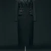 Wool Blend Crystal Embellished Double Breasted Tailored Maxi Coat