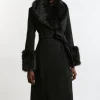 Wool Blend Detachable Faux Fur Belted Midi Coat