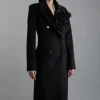 Wool Blend Detachable Rosette Detailed Double Breasted Tailored Maxi Coat