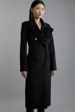 Wool Blend Detachable Rosette Detailed Double Breasted Tailored Maxi Coat