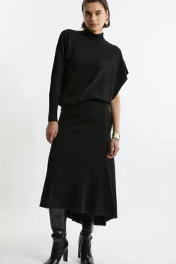 Wool Blend Knit High Low Midi Skirt Wool
