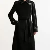 Wool Blend Pu Trim Belted Tailored Double Breasted Midi Coat