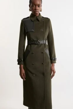 Wool Blend Pu Trim Belted Tailored Midi Coat