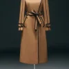 Wool Blend Pu Trim Belted Tailored Double Breasted Midi Coat