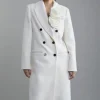 Wool Blend Rosette Detailed Double Breasted Tailored Maxi Coat